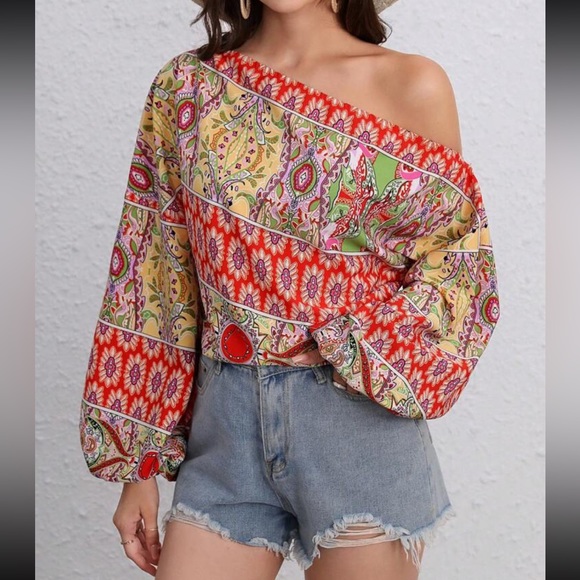 Boho floral print off shoulder lantern sleeve blouse - Picture 14 of 16